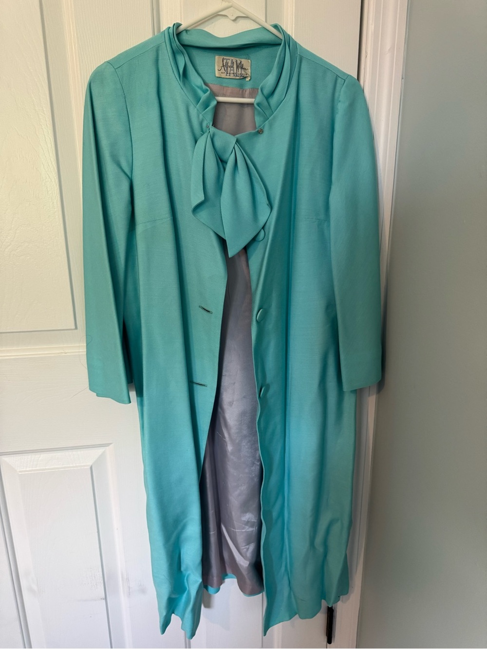 Vintage 1960s Alfred Werber Aqua Turquoise Tie-Neck Opera Coat Mod